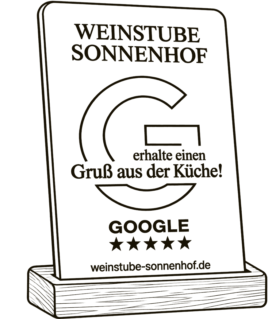Strichzeichnung: ein Holzaufsteller mit dem Namen des Betriebs, dem Google-Zeichen, fünf Sternen und dem Hinweis auf einen Gruß aus der Küche.